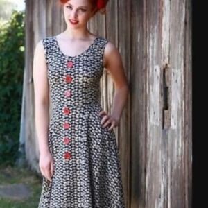 Effie's Heart Navy Squirrel Print Fit & Flare Dress Red Buttons Small Retro